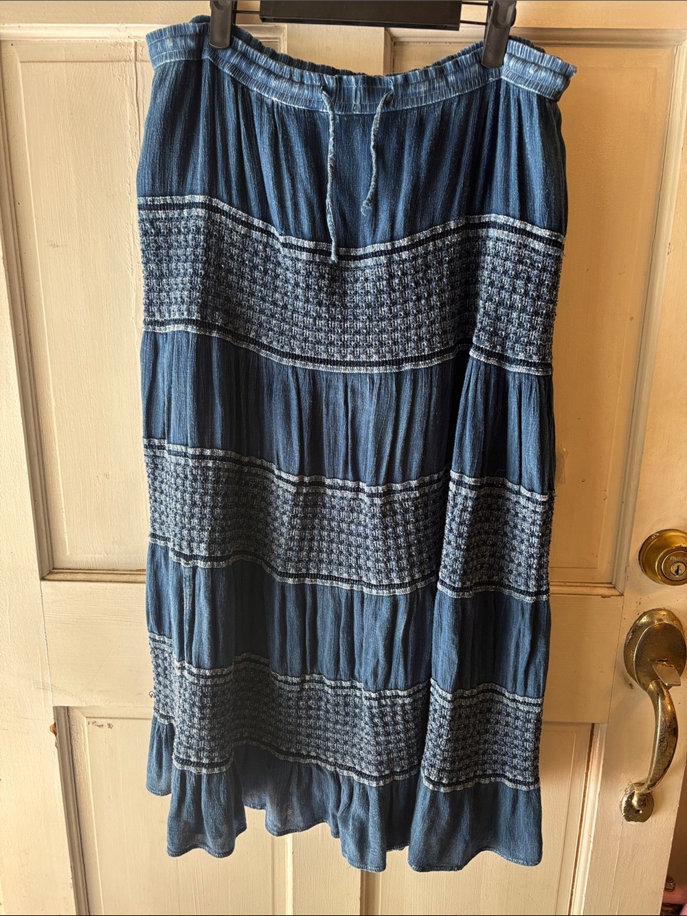 Tiered Smocked Boho Maxi Skirt in Indigo Blue